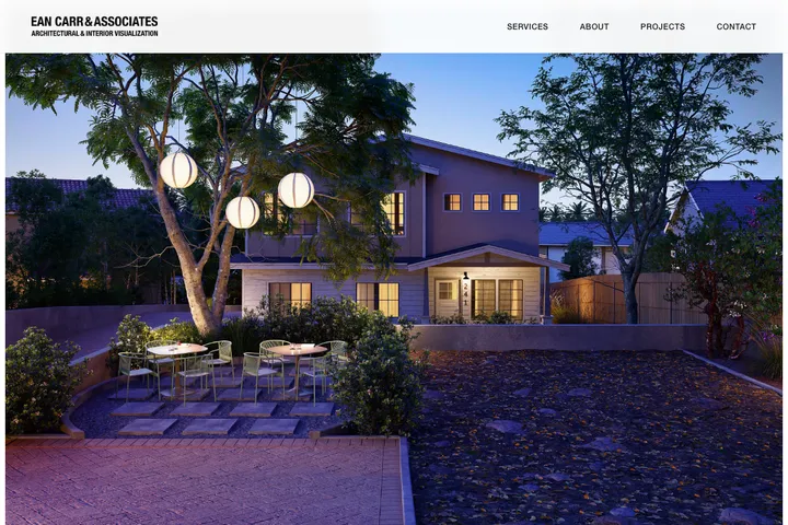 Ean Carr & Associates portfolio website featuring cinematic architectural renderings and high-end product visualizations