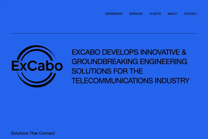 ExCabo website showcasing telecommunications engineering solutions with project portfolio and fiber replacement technology