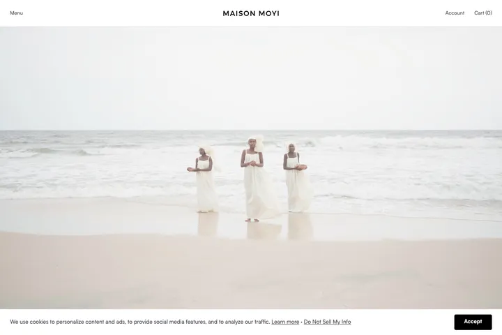 Maison Moyi e-commerce fashion store displaying elegant product catalog blending French and African design aesthetics