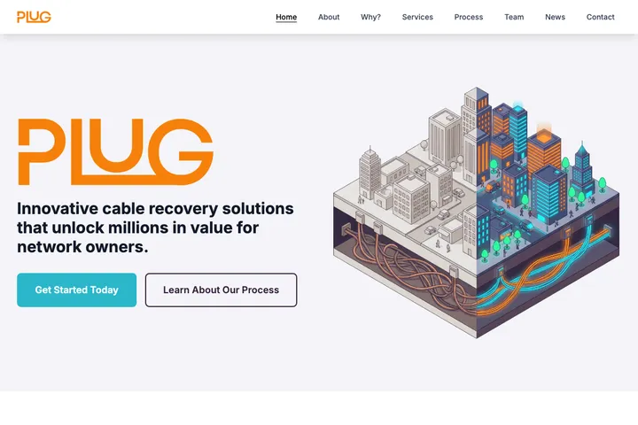 Plug Group website homepage featuring their patented cable replacement technology with a professional engineering layout